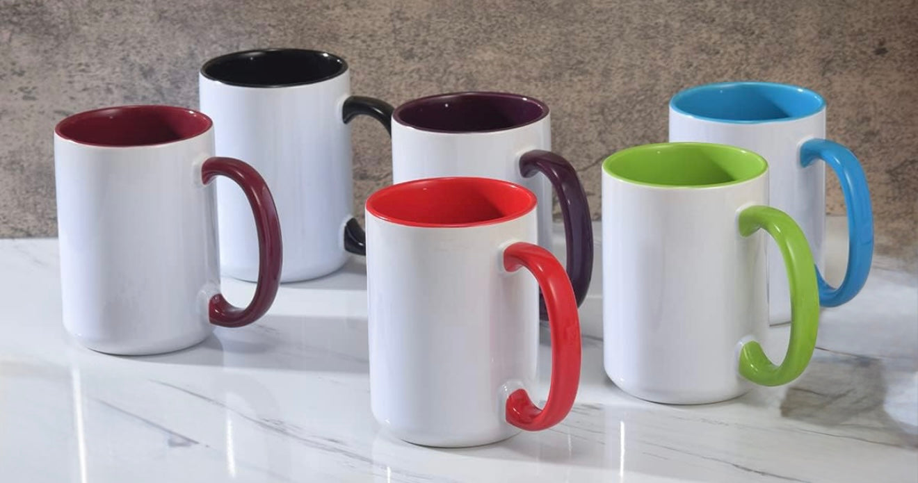 15 ounce (450mls) mugs with coloured handle & inside